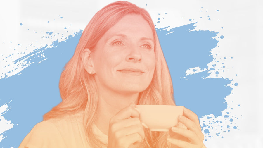 Blonde woman holding a teacup, for the BelleSkin article How to Wear EltaMD UV Clear Under Your Makeup After 50