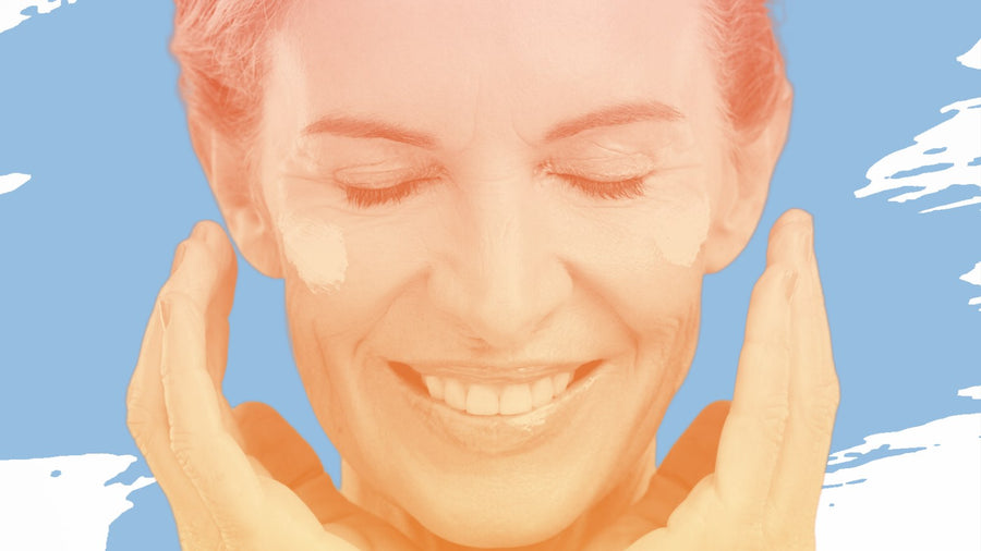 Smiling woman with eyes closed and cream on her cheeks, for the BelleSkin article How to Tell If Your C E Ferulic Is Authentic and Fresh